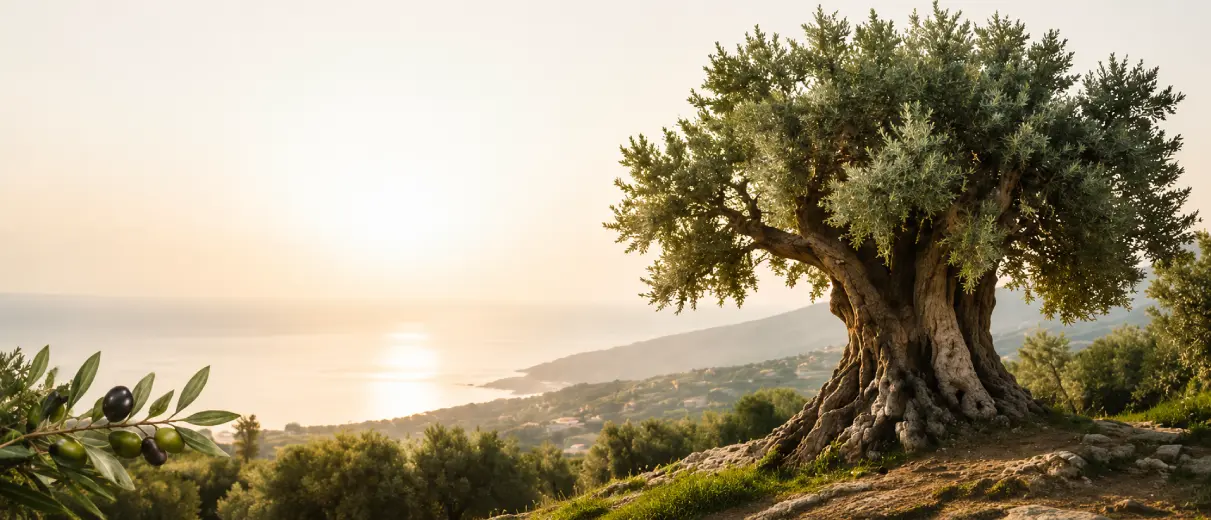 Centuries-old olive tree overlooking the Koura coastline at sunrise